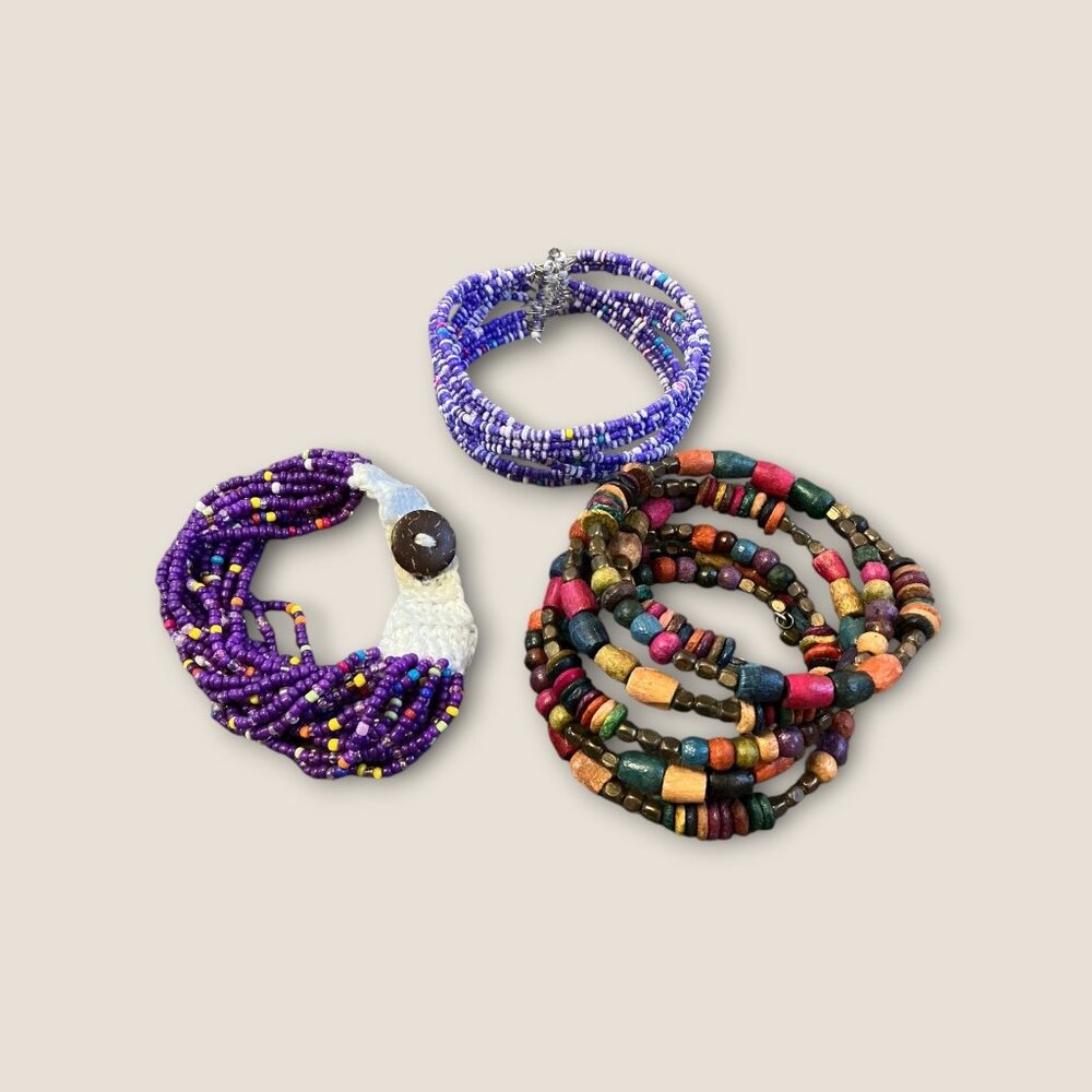 Lot Of 3 Beaded Bracelets Multi-Color wood & Purple Stretch Jewelry Accessories